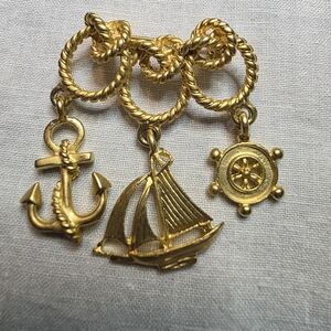 Vintage Nautical Goldtone Triple Knot Brooch With Anchor, Sailboat & Ship Wheel